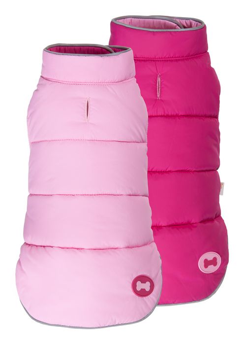 Hot Pink Reversible Bone Puffer dog coat by Fab Dog