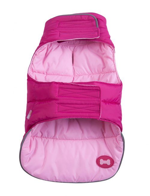 Hot Pink Pink Reversible Bone Puffer dog coat by Fab Dog