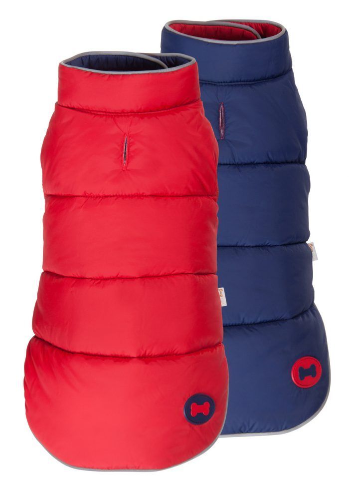 Red Navy Reversible Bone Puffer dog coat by Fab Dog