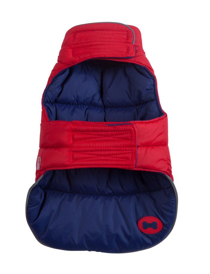 Red Navy Reversible Bone Puffer dog coat by Fab Dog